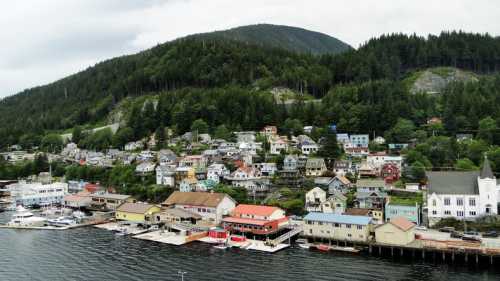 A scenic view of a coastal town with colorful buildings, boats, and lush green hills in the background.