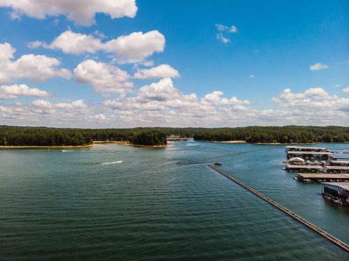 Aerial view of a serene lake with boats, docks, and lush green trees under a bright blue sky with fluffy clouds.