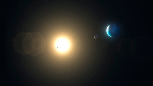 A bright sun surrounded by planets in a starry space background, showcasing a cosmic scene.