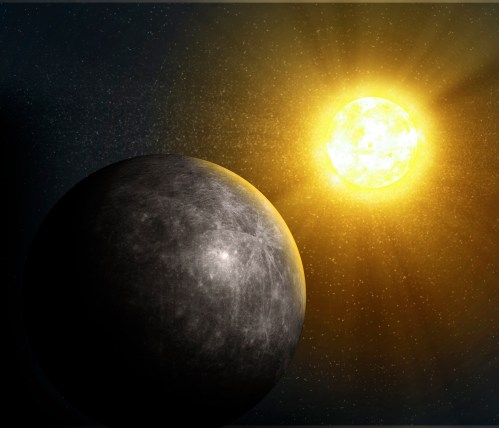 A dark planet orbits a bright sun in a starry space background, showcasing a cosmic scene.