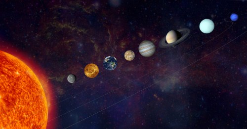 A colorful depiction of the solar system, featuring the Sun and the eight planets in orbit.