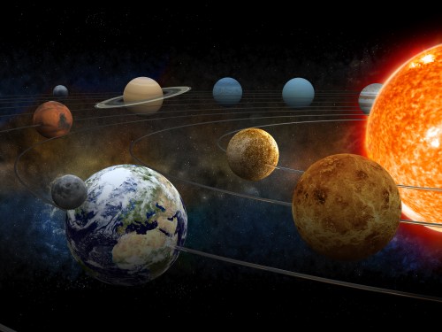 A digital illustration of the solar system, featuring the Sun and planets in orbit against a starry background.