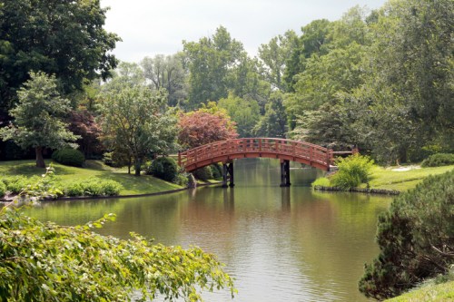A serene park scene featuring a wooden bridge over a calm pond, surrounded by lush greenery and colorful trees.