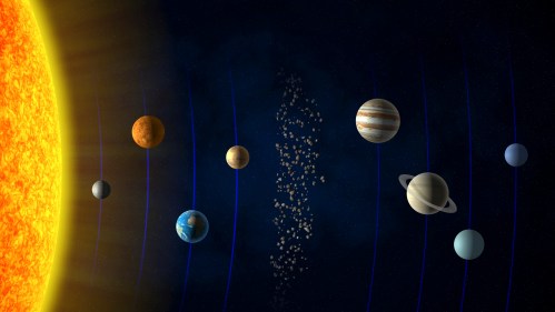 Illustration of the solar system showing the Sun and planets in orbit, with a dark background and blue orbital lines.