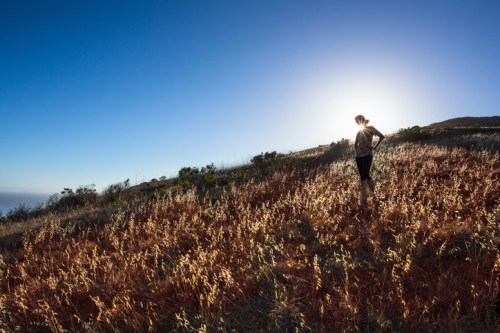 A person stands on a hillside at sunset, surrounded by golden grass and a clear blue sky.