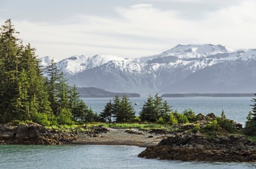 Scenic view of snow-capped mountains, lush green trees, and a calm sea under a clear sky.