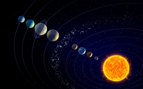 Illustration of the solar system, featuring the Sun and planets in orbit, with asteroid belt depicted.