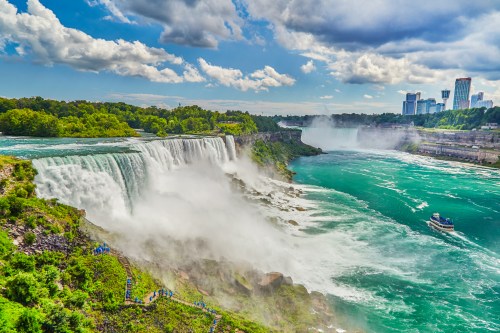 A scenic view of Niagara Falls with cascading water, lush greenery, and a boat on the turquoise river under a cloudy sky.
