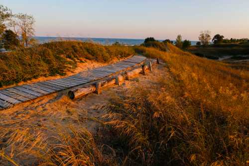 A wooden path winds through tall grass along a sandy beach at sunset, with the ocean visible in the background.