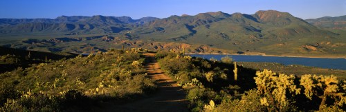 A scenic view of mountains and a lake, with a dirt path and desert vegetation in the foreground under a clear blue sky.