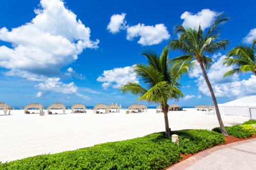 A sunny beach scene with palm trees, white sand, and thatched huts under a bright blue sky with fluffy clouds.