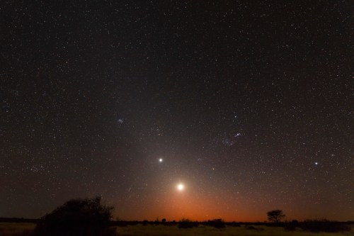 A starry night sky with bright celestial bodies and a faint glow on the horizon, showcasing a stunning cosmic view.