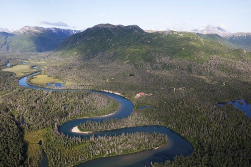 Aerial view of a winding river surrounded by lush green forests and mountains under a clear blue sky.