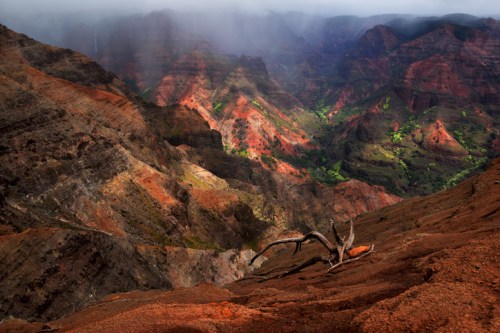 A dramatic landscape of colorful, rugged mountains with a dry tree branch in the foreground under a cloudy sky.