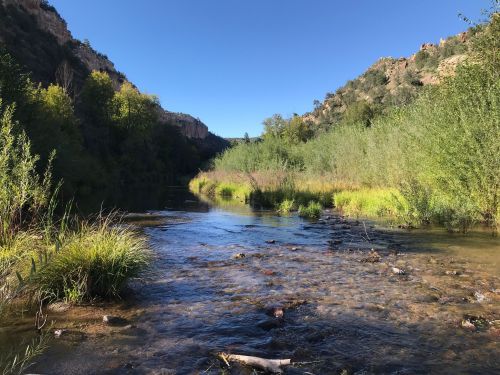 A serene river flows through a lush green landscape, surrounded by hills under a clear blue sky.