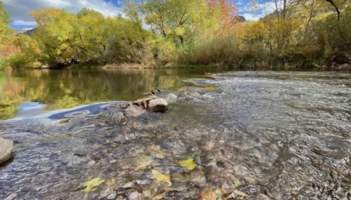A serene river scene with clear water, surrounded by colorful autumn foliage and rocky banks.