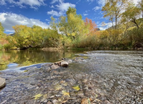 A serene river scene with clear water, surrounded by colorful autumn trees and a blue sky with fluffy clouds.