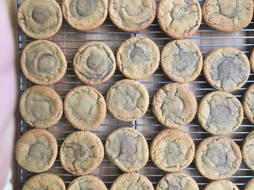 A cooling rack filled with freshly baked round cookies, golden brown with a slightly darker center.