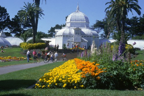 A vibrant garden with colorful flowers in front of a glass conservatory, surrounded by palm trees and visitors.