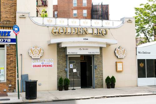 Exterior of Golden Leo restaurant with a grand opening sign, featuring a delivery notice and decorative plants.