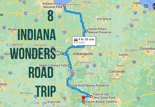 Map showing an 8-stop road trip route through Indiana, highlighting parks and attractions over 473 miles.