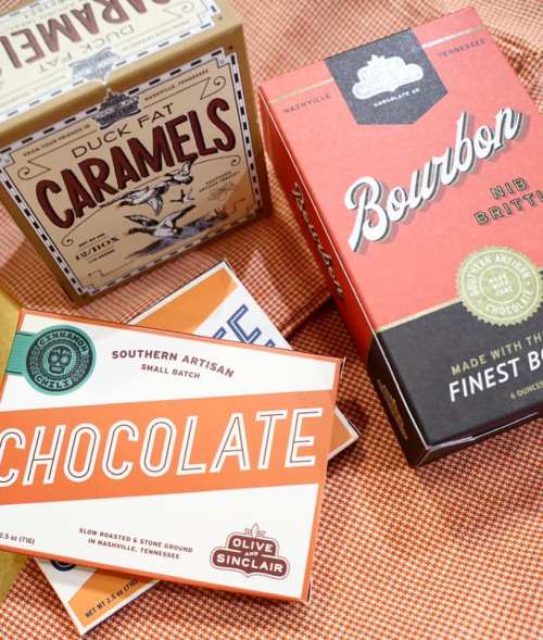 Assorted gourmet treats including duck fat caramels, bourbon brittle, and chocolate, all from Nashville, Tennessee.