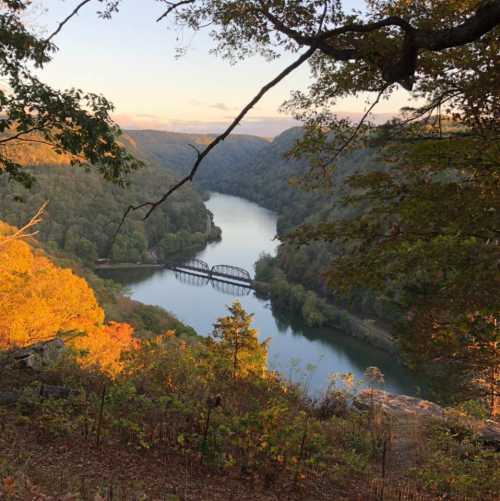 A scenic view of a river winding through lush green hills, framed by autumn foliage under a clear sky.