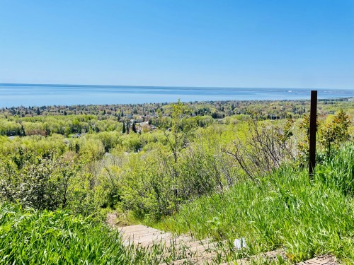 A scenic view of a lush green landscape overlooking a calm lake under a clear blue sky.