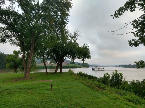 A serene river scene with a boat passing by, surrounded by lush green trees and a cloudy sky.