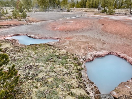 A geothermal area with colorful mineral deposits and steaming pools surrounded by sparse vegetation.