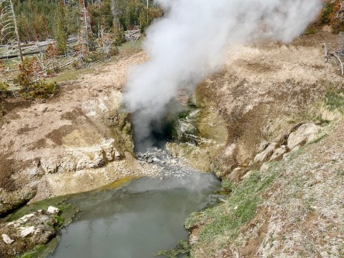 Steam rises from a geothermal feature near a rocky, water-filled area surrounded by dry land and sparse vegetation.