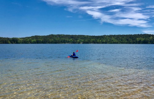 A person kayaking on a calm lake surrounded by green trees and a clear blue sky.