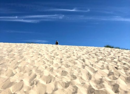 A sandy dune under a clear blue sky, with a small figure in the distance at the top of the dune.