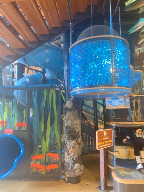 Colorful indoor play area featuring a blue water-themed structure, slides, and aquatic decorations.