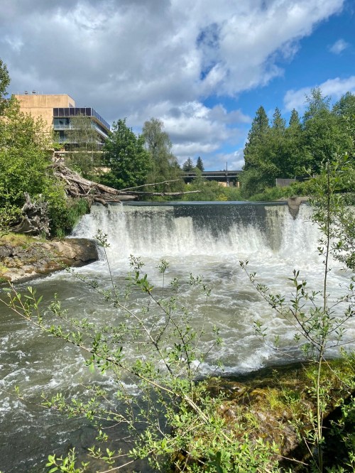 A waterfall cascades over rocks, surrounded by greenery and a building in the background under a partly cloudy sky.