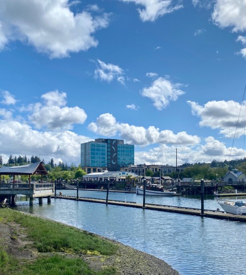 A scenic view of a marina with a dock, buildings, and a blue sky with clouds in the background.