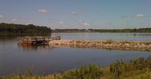 A calm lake with a wooden dock and rocky shoreline, surrounded by green trees under a clear blue sky.