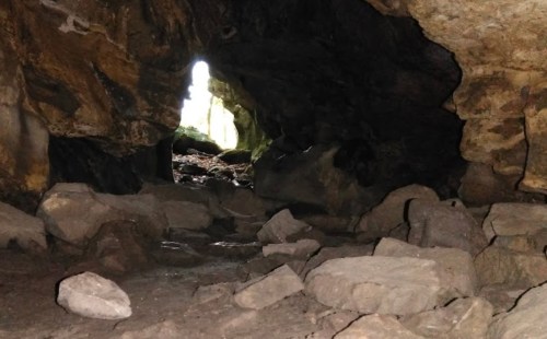 A dimly lit cave interior with rocky ground and a small opening letting in light.
