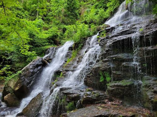 A serene waterfall cascading over rocky terrain, surrounded by lush green foliage.