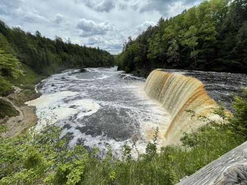 A scenic view of a waterfall cascading into a river, surrounded by lush green trees and a cloudy sky.