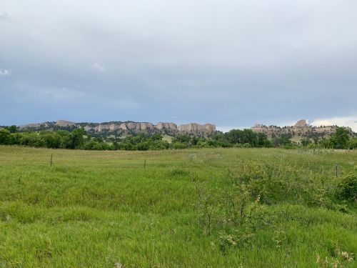 A grassy field with green vegetation in the foreground and rocky cliffs under a cloudy sky in the background.