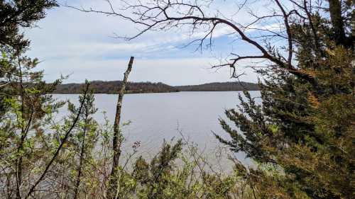 A serene view of a lake surrounded by trees and distant hills under a cloudy sky.