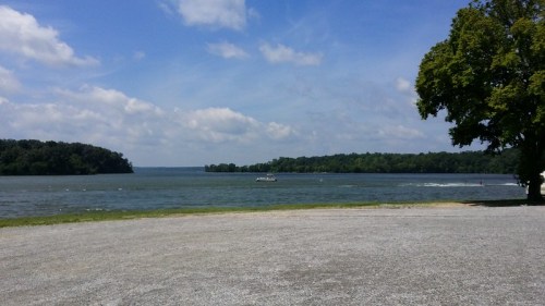 A serene lake view with a boat on the water, surrounded by green trees and a blue sky with fluffy clouds.