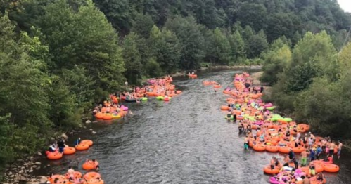 A crowded river scene with many people floating on bright orange and pink inner tubes among lush green trees.