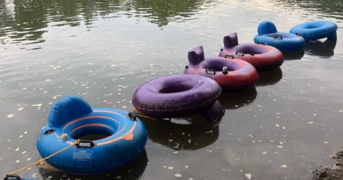 Five colorful inner tubes float in calm water, with a few bubbles visible on the surface.