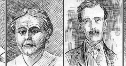 Two vintage portraits: a woman with a serious expression and a man in a suit, both illustrated in a sketch style.