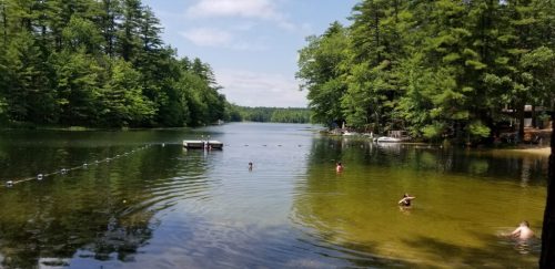 A serene lake surrounded by trees, with people swimming and a dock in the distance under a partly cloudy sky.