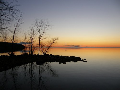 A serene lake at sunset, with silhouetted trees and colorful reflections on the water's surface.