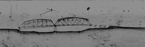 A black and white sketch of two bridges over a body of water, with a simple, abstract style.