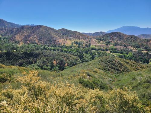A scenic view of rolling green hills and mountains under a clear blue sky. Lush vegetation fills the landscape.